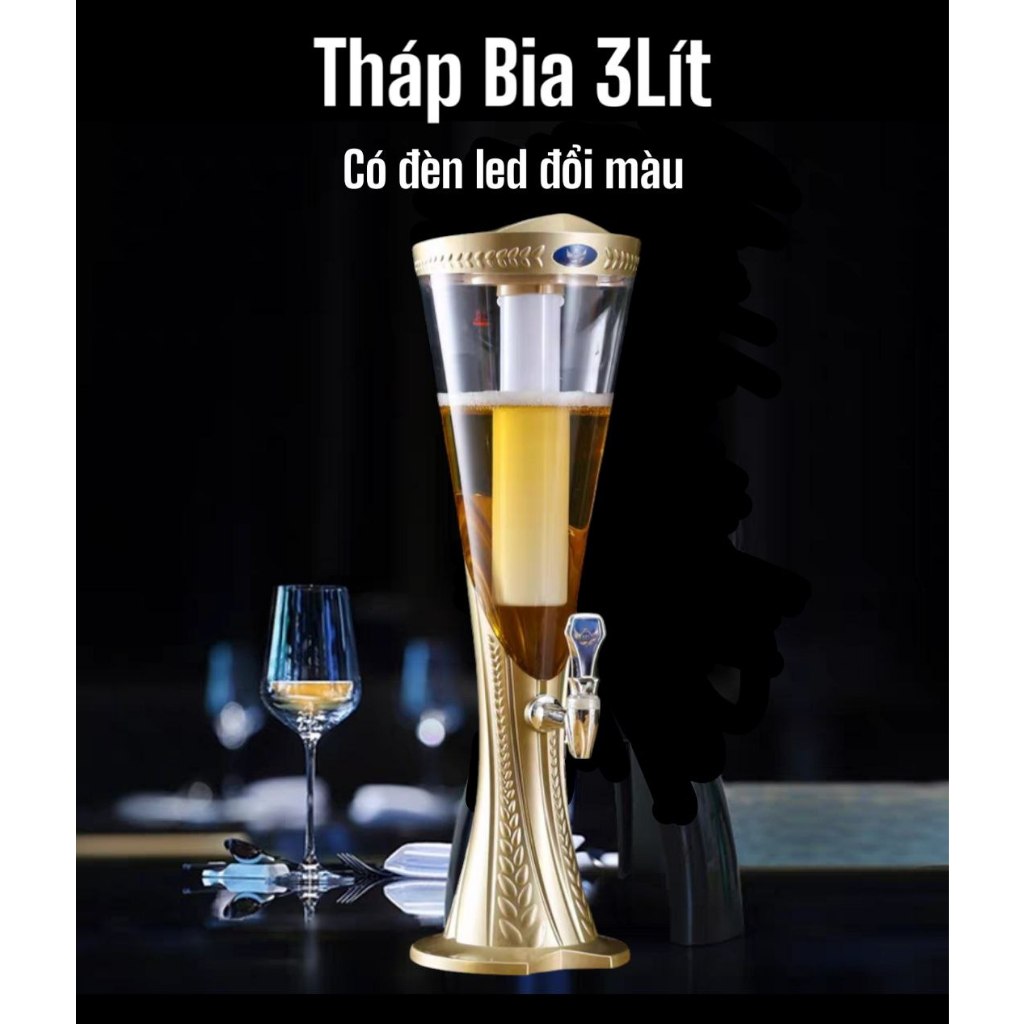 Tháp Đựng Bia 3 Lít Vân Đế Lúa Mạch có Đèn Lét Bình Đựng Nước Mát Có Vòi ( Vàng Nhám ) HOMIE STORE