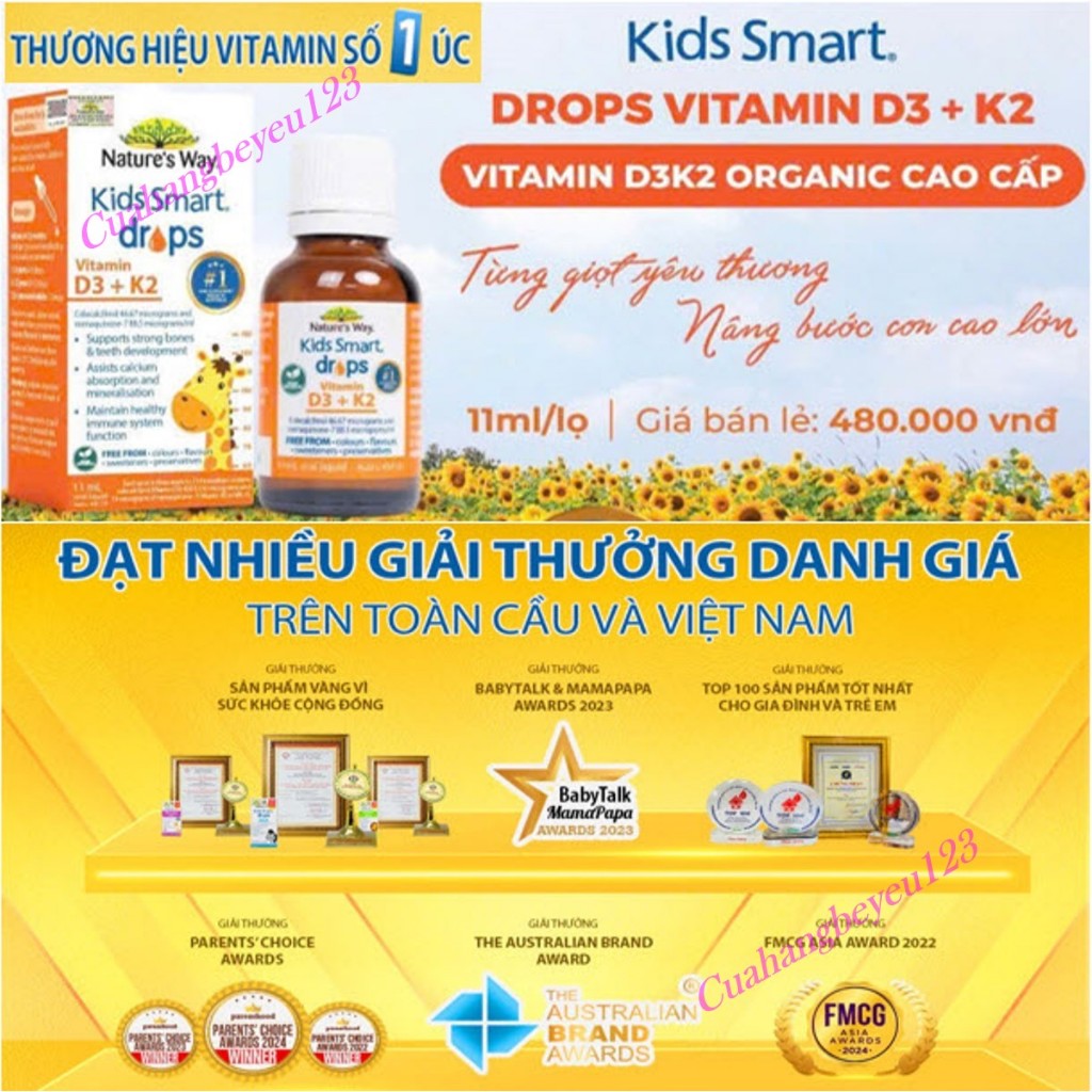 Nature's Way Kids Smart Drops Vitamin D3 + K2 - D3K2 (11ml / Chai)- Hỗ trợ hấp thụ canxi cho Trẻ sơ 
