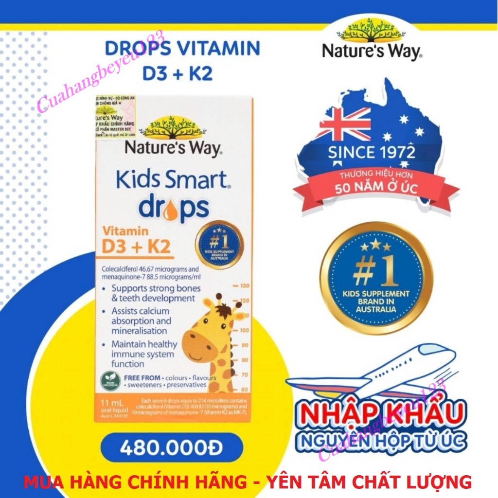 Nature's Way Kids Smart Drops Vitamin D3 + K2 - D3K2 -cho Trẻ Sơ Sinh hấp thụ canxi NTW