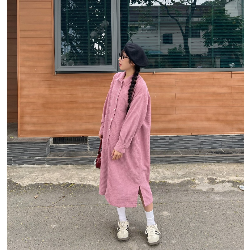 Váy Sơ mi Nhung tăm Hồng Pinko phom rộng cài khuy trước Our by Us