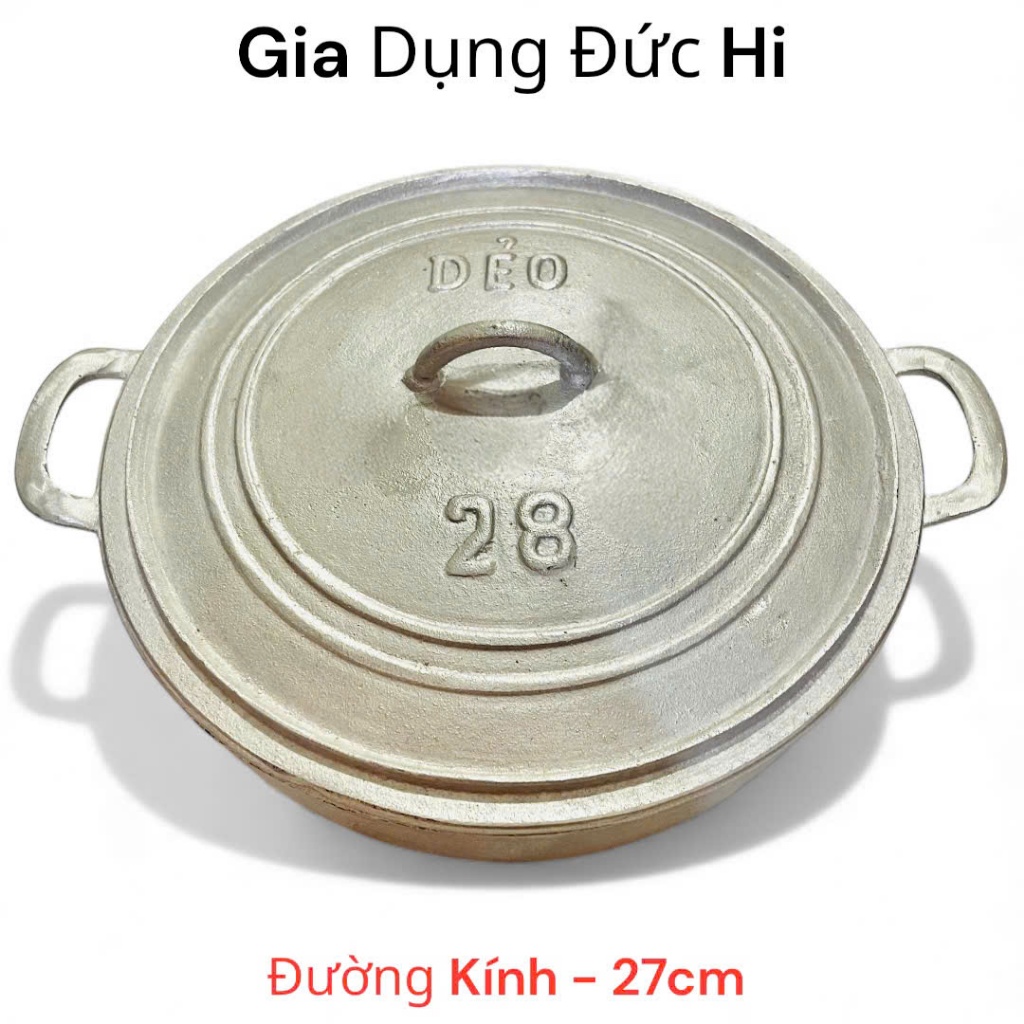 Chảo Gang Đáy Bằng Có Nắp Đúc Nguyên Khối Size 27cm  - Chảo Gang Truyền Thống  TẶNG KÈM SẠNG