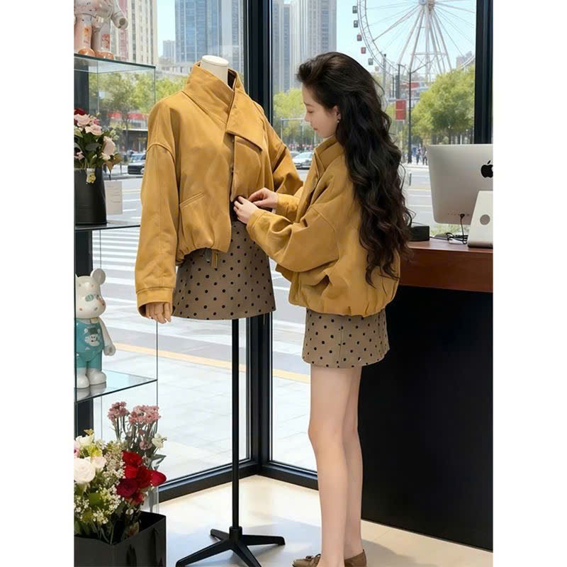 MB111 Set áo khoác dày + chân váy chấm bi 2025 – phong cách Pháp, màu cà phê, giữ ấm thu đông