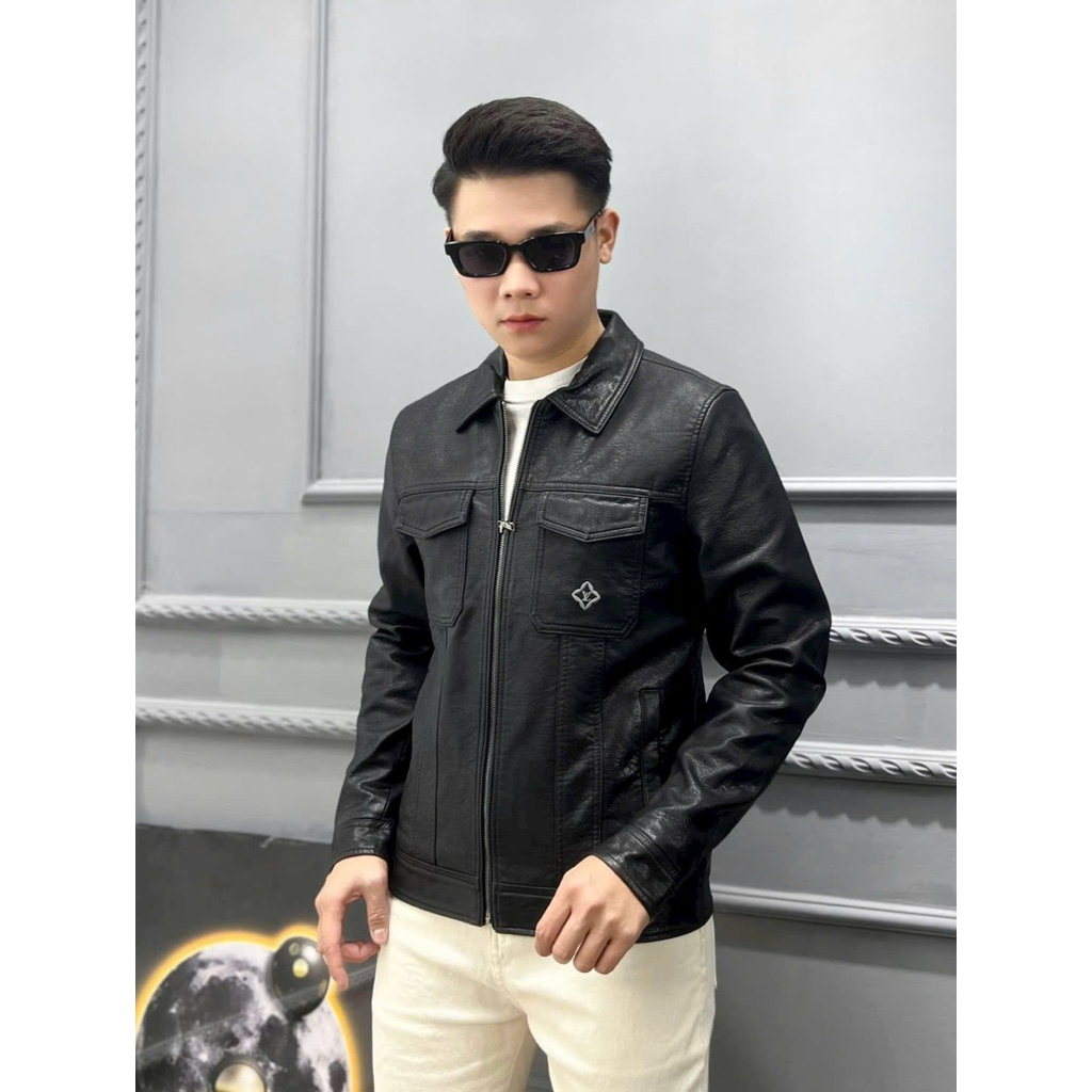 Áo khoác da Nam cổ Bẻ (100% Da Quảng Châu Cao Cấp (L.V) , Áo khoác da trơn  không bong tróc