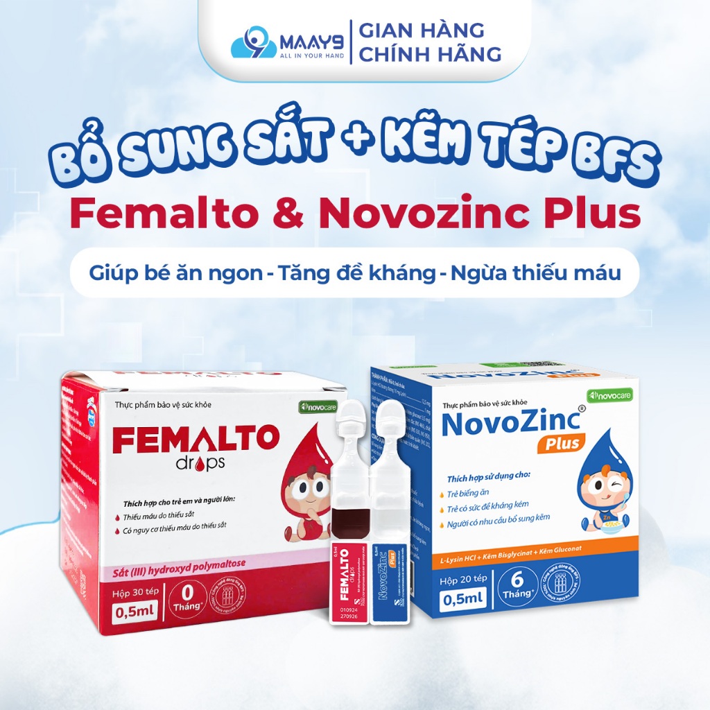 Combo sắt kẽm dạng tép BFS Novocare - Sắt Femalto + Kẽm NovoZinc Plus, Giúp bé ăn ngon, tăng đề khán