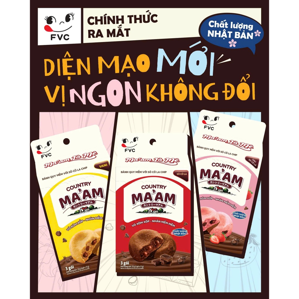 Combo 3 Hộp Bánh Quy Mềm Country Ma'am Nhân Socola/Dâu/Vani (Hộp 3gói 11gr) - Snack
