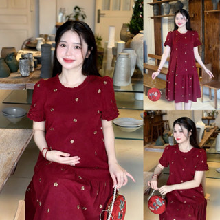  EVERMOM l Đầm bầu Tết Gain thêu hoa mai dự tiệc nhung đỏ đô phối tay cổ bèo cho mẹ đi làm đi chơi mang Tết 