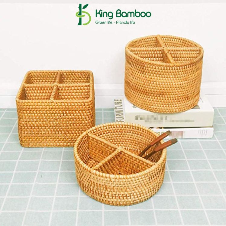 Giỏ Mây Nhiều Ngăn KINGBAMBOO Đựng Đũa, Bút, Đồ Dùng, Trang Trí Nhà Cửa
