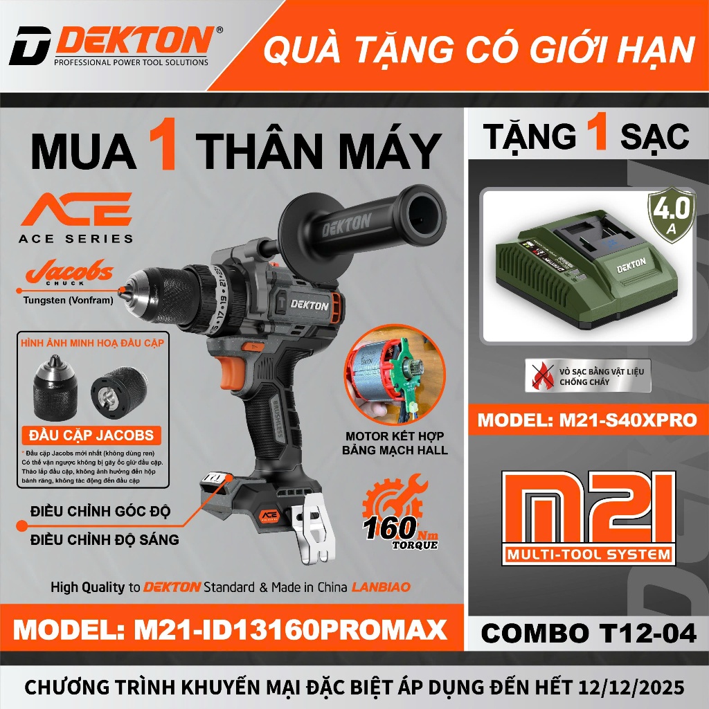 [🔥Mua Máy Tặng Sạc] Khoan Pin DEKTON 160Nm Thế Hệ ACE M21-ID13160PROMAX, 3 Chức Năng, Đầu Cặp Jacobs