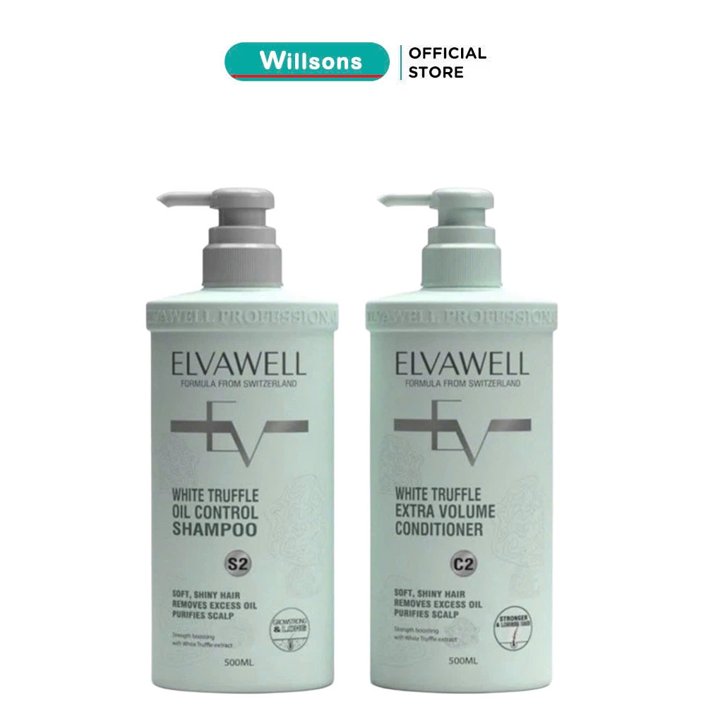 Dầu Gội Xả Giảm Rụng Tóc Sạch Dầu Bết ELVAWELL White Truffle S2 C2 500ML, Màu Xanh