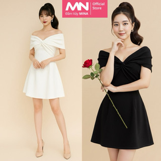 Đầm trễ vai MINA dáng xoè mini dự tiệc, đi chơi chất Taffeta phối thun gân MN215