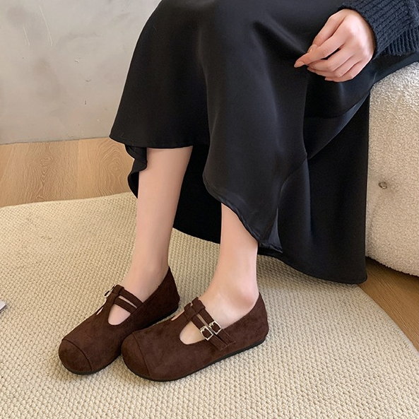 [Form Rộng] Giày Mary Jane nữ da lộn CHIBAMY kiểu dáng cổ điển Pháp, giày bệt nữ 2 quai ngang dáng b