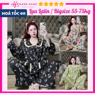  Đồ ngủ nữ bigsize 55-75kg pijama dài tay cổ sen bèo lụa latin mịn mát 75DD24 đồ bộ nữ đồ mặc nhà tiểu thư dễ thương 