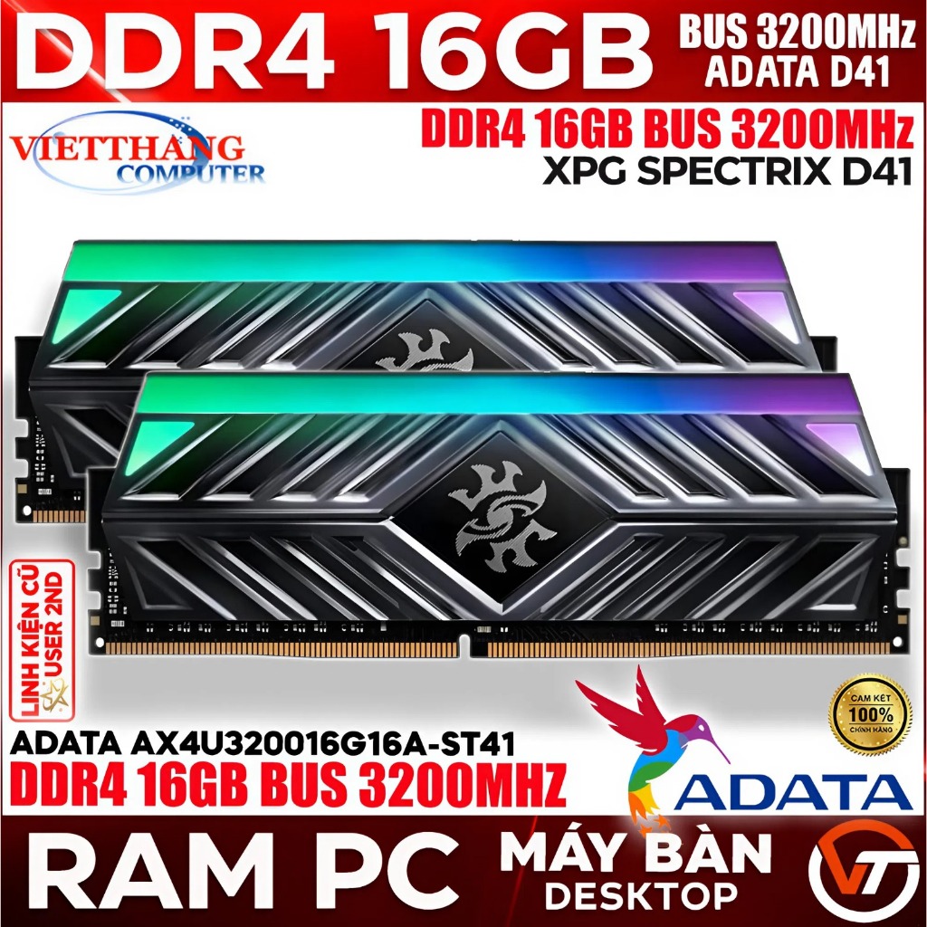 Ram máy tính Adata D41 DDR4 16GB Bus 3200MHz Tản nhiệt đen Led RGB đẹp đã qua sử dụng ( Cũ - 2nd )
