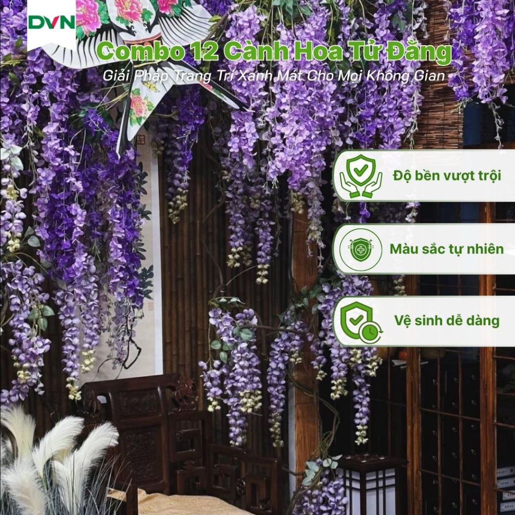 [Combo 12 cành] Hoa tử đằng giả trang trí sự kiện DVN hoa lụa cao cấp decor phòng khách, nhà cửa, ho