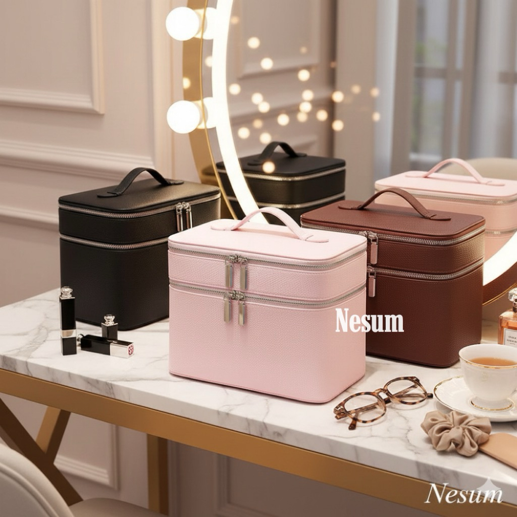 (SẴN Duo Vanity CASE CC Cứng Đứng Form)Túi Đựng Mỹ Phẩm 2 Tầng Đa Năng Da PU Cao Cấp Chống Thấm Nước Đa Năng