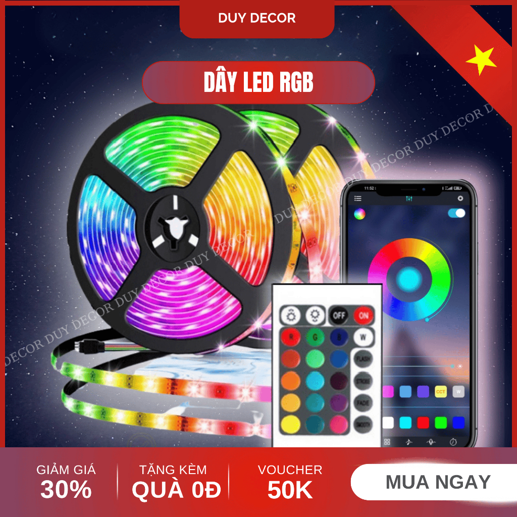 Dây đèn led RGB 16 triệu màu, LED RGB 5050 điều khiển thông minh, led dán tường thông minh