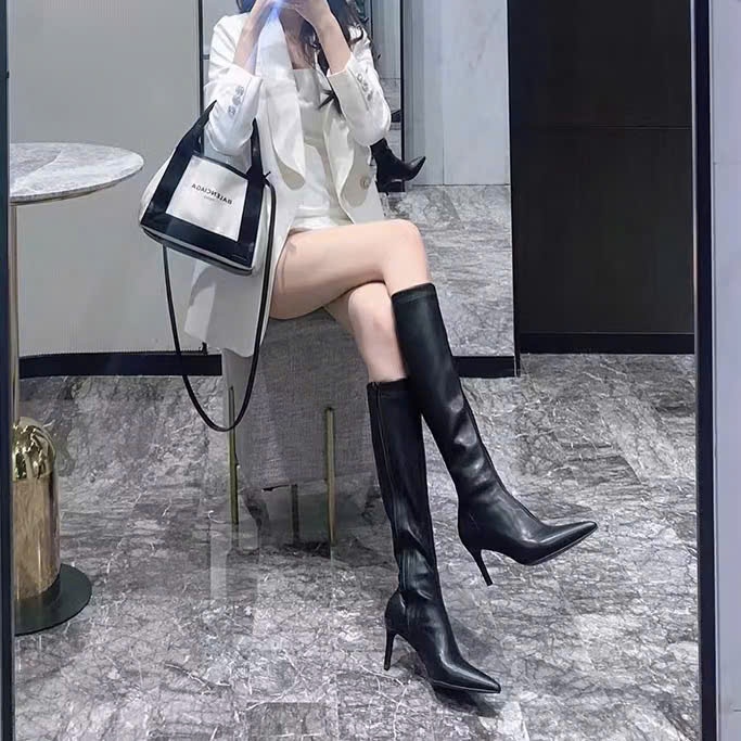 Bốt đùi nữ gót nhọn mũi nhọn da lì lót lông loại 1 cao cấp, Boot nữ đùi bốt nữ dưới gối cao gót 9p mua đông du lịch