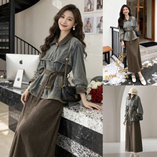  Set Áo Khoác Jean Phối Kèm Đai Lưng Và Chân Váy Nhung Tăm Màu Nâu Phòng Cách Retro Thanh Lịch Cho Nữ Có Bigsize 