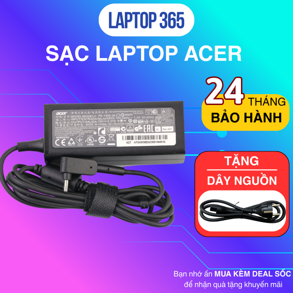 [Quà Tặng Ngẫu Nhiên] cho Sạc Laptop Acer Aspire 3 / Aspire 5 Chân Kim To/ Chân Kim Nhỏ 19V 2.37A 45W, 3.42A 65W