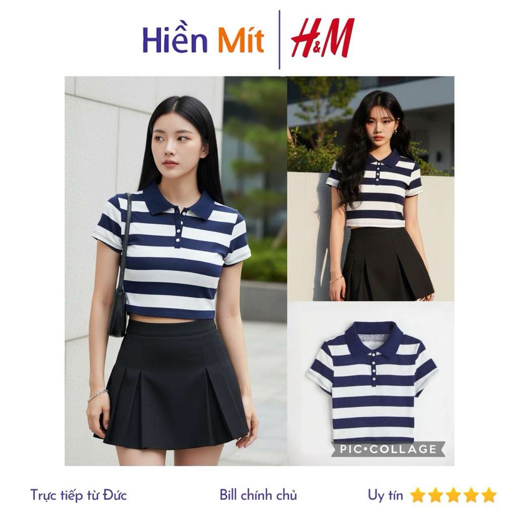 (Size XXS siêu co giãn) H&M Đức - Áo croptop cổ polo sọc ngang trắng và xanh dương sale auth new tag