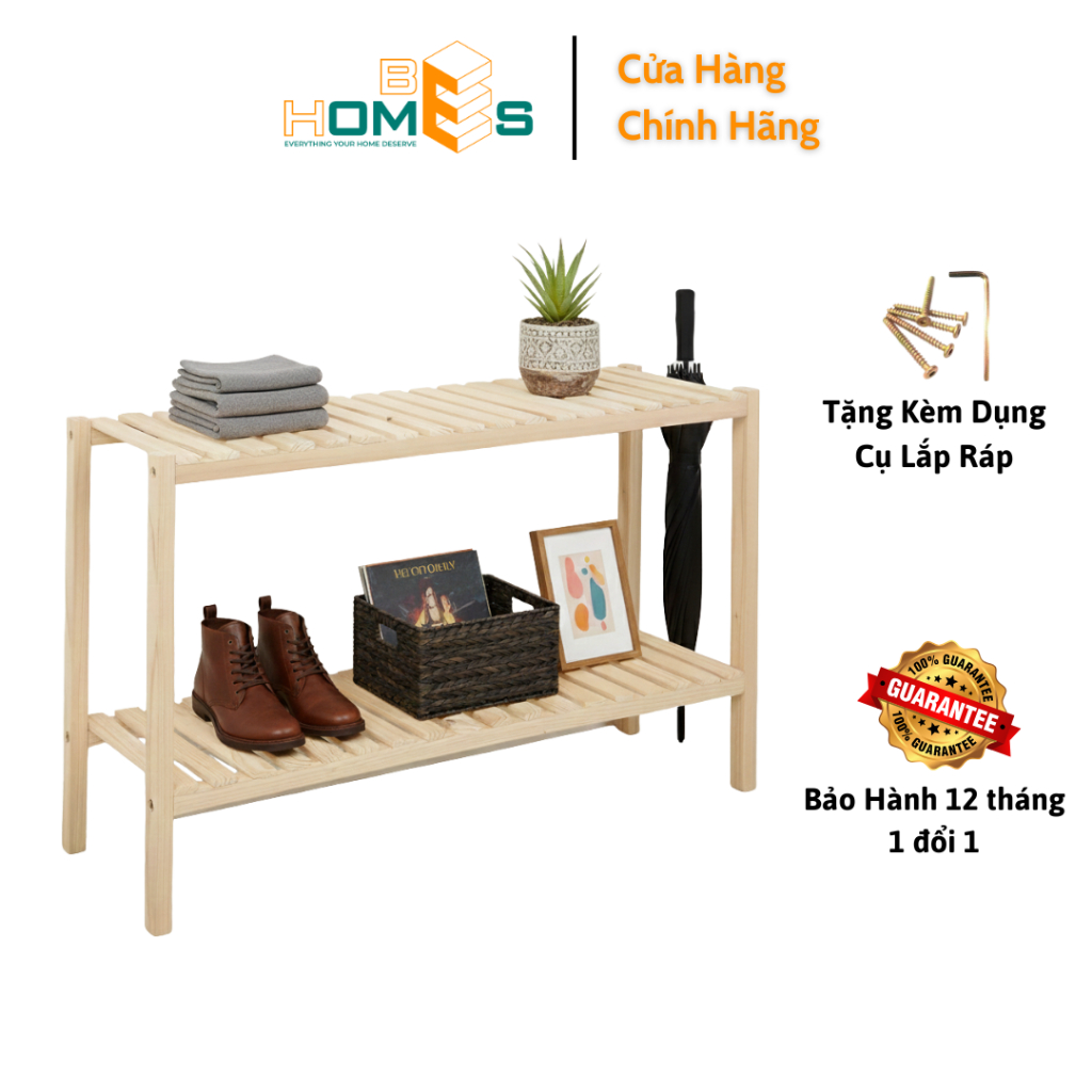 Kệ giày gỗ BEHOMES 2 tầng 80cm Gỗ Thông Cao Cấp Chống Mối Mọt Cong Vênh
