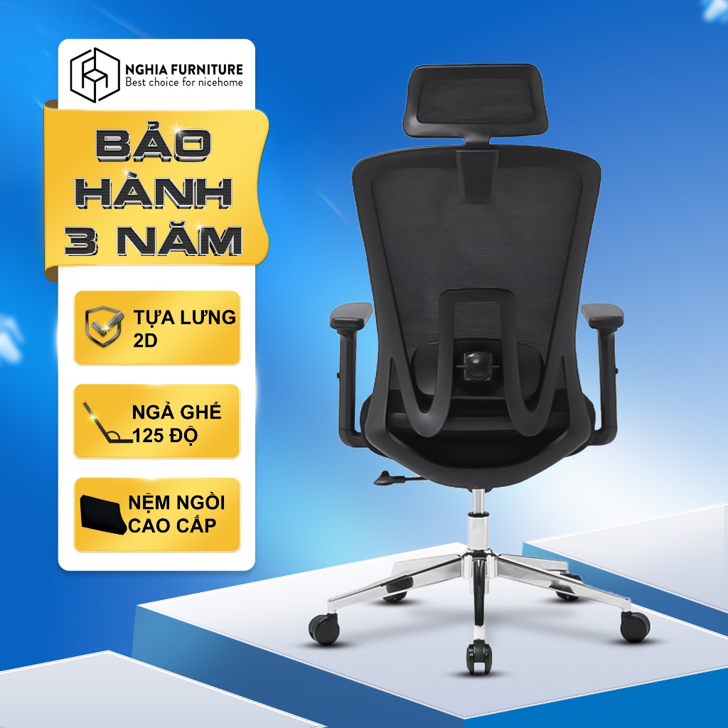 Ghế công thái học Nghia Furniture SMA-Simple, tựa lưng 2D, ngả ghế 120 độ, bảo hành 3 năm