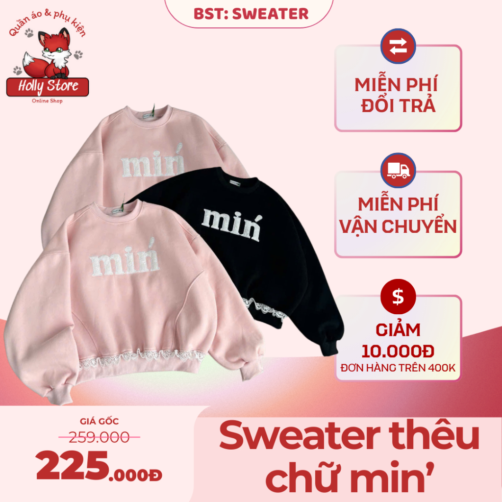 [Holly Store] - Áo Sweater Thêu Chữ Min