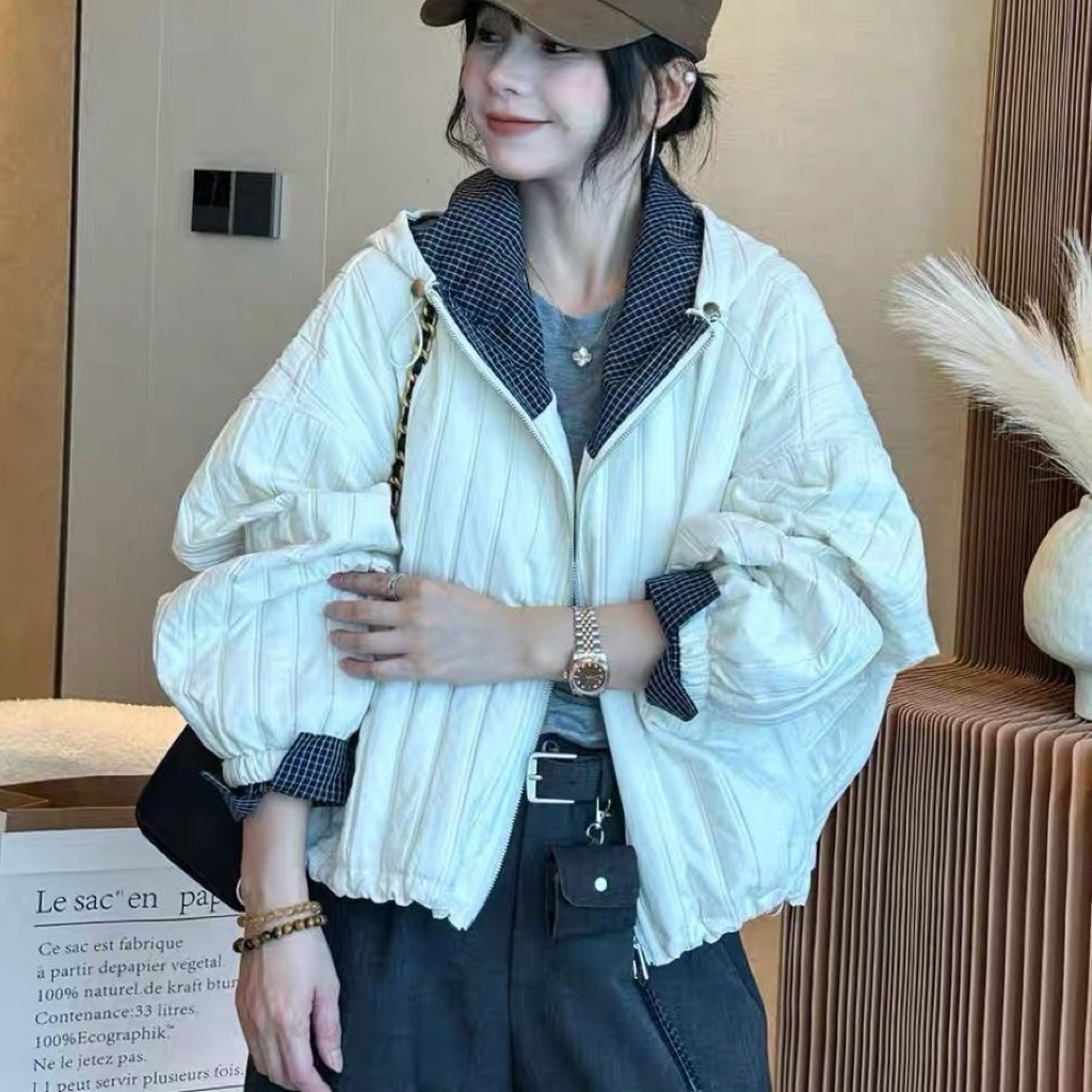 Áo khoác dù phối caro phong cách hàn có mũ