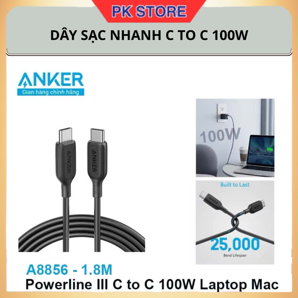 Dây cáp sạc Anker  Type C to C 100W PowerLine III - A8856 Sạc nhanh PD cho Laptop Mac Samsung 25W