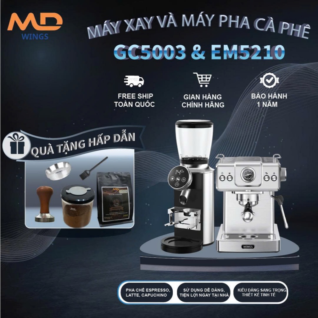 COMBO Máy pha cà phê MDWINGS EM5210 công suất 1350W, 20bar và Máy xay cà phê MDWINGS GC5003 công suấ