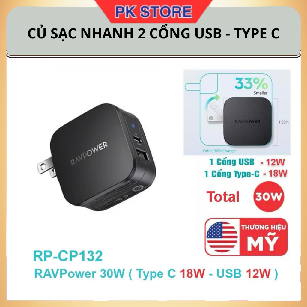 Củ sạc nhanh RAVPower 30W 2 Cổng ( Type C 18W - USB 12W ) - RP PC132 Chân Gập Sạc nhanh Điện Thoại