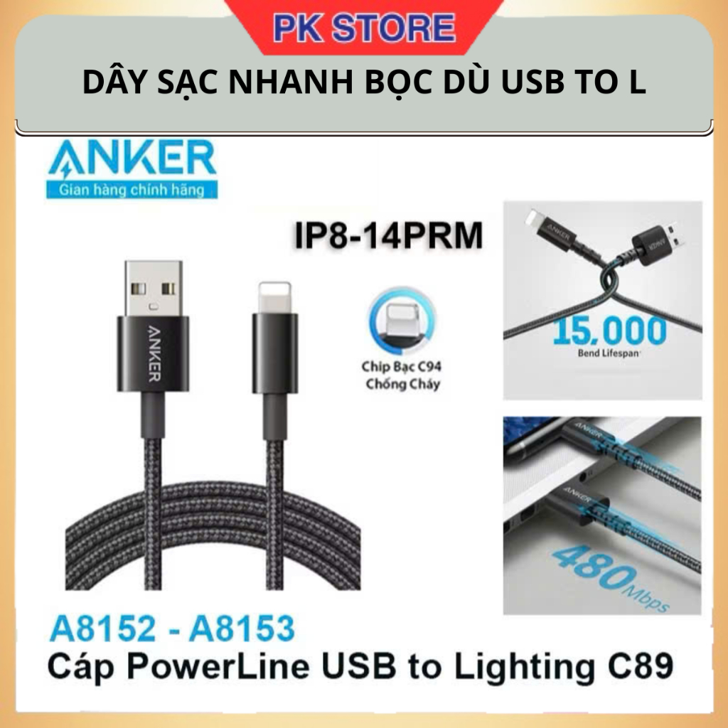Dây sạc dù Anker USB to Lighting cho IP MFI Chip mới C89 Bạc A8152-A8153 dài 1 mét dài 1.8 mét