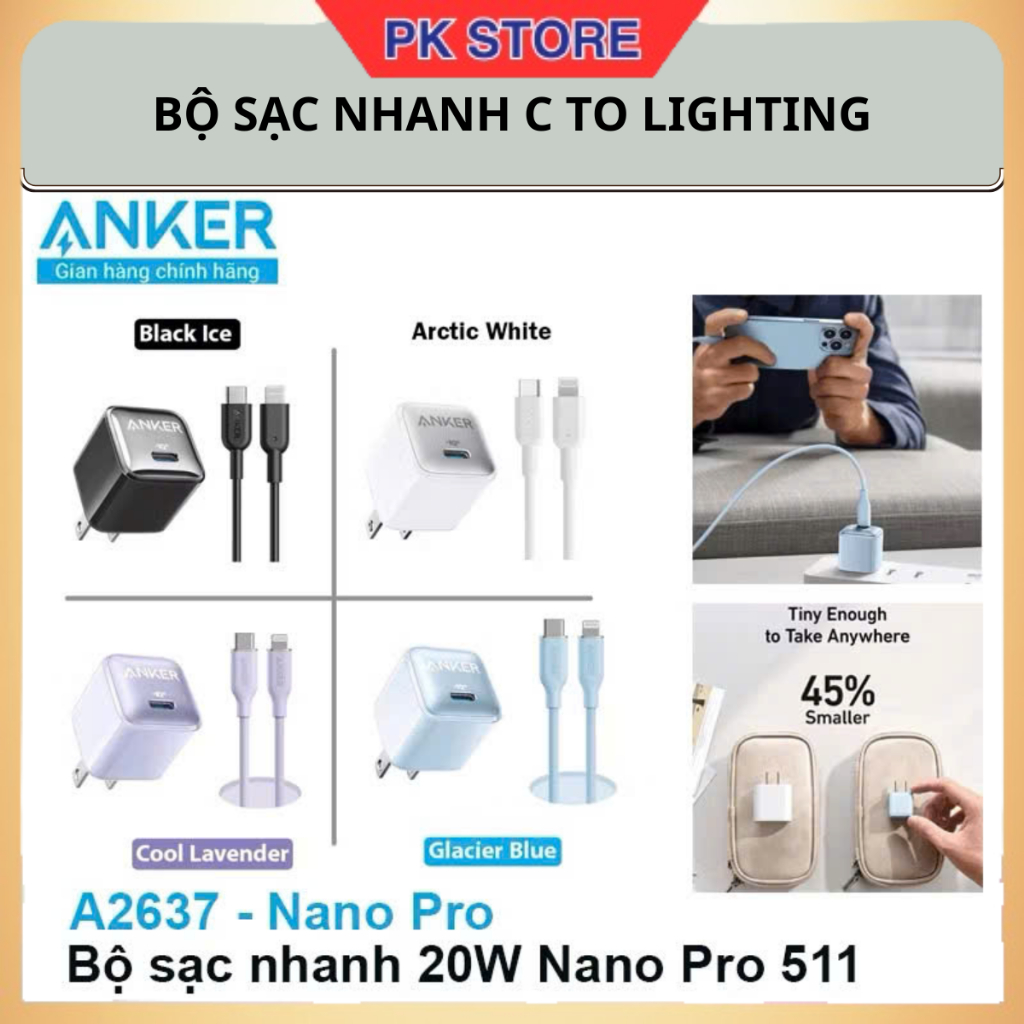 Bộ sạc nhanh 20W Anker PowerPort Nano Pro 511- A2637 + PowerLine 2 USB-C to Lighting - A8632 A8633