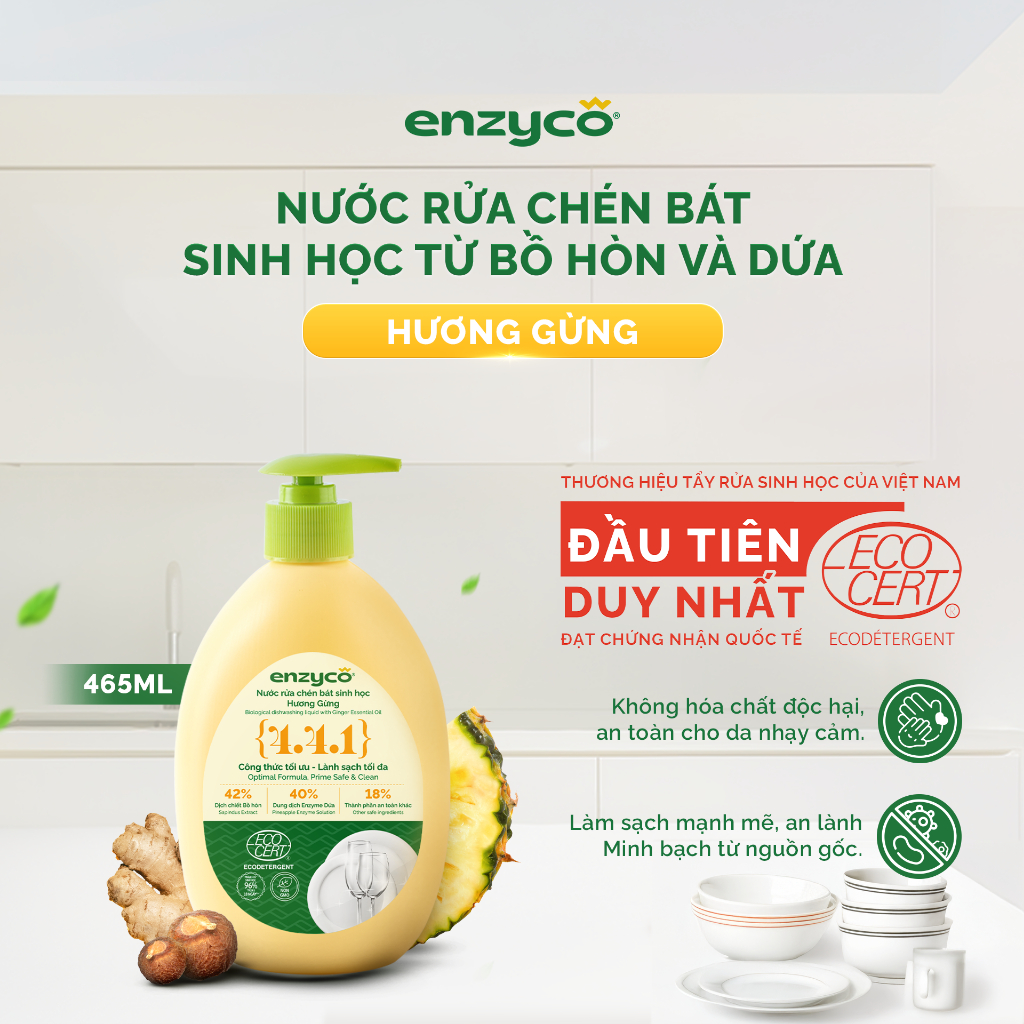 Nước Rửa Bát Sinh Học Enzyco 465ml, Rửa Đồ Dùng Ăn Dặm,  An Toàn Cho Bé