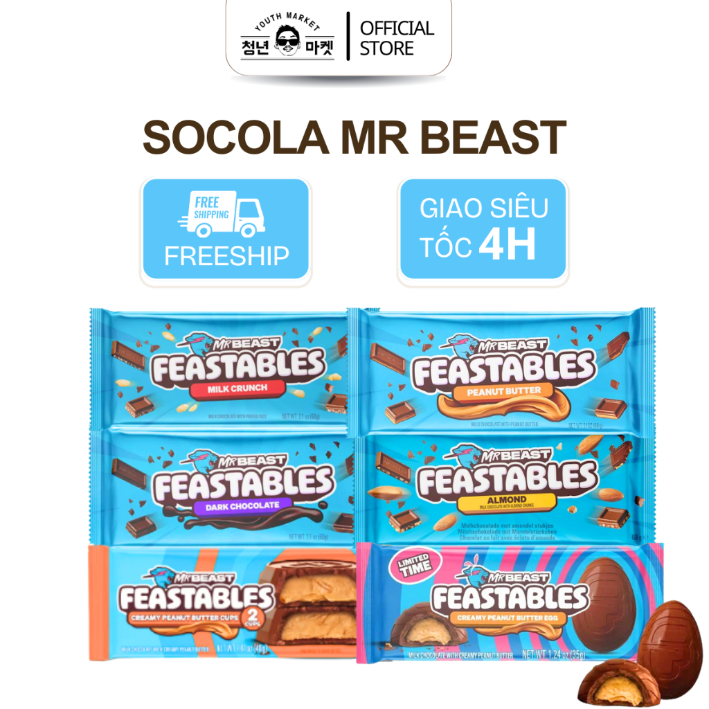 Kẹo Socola Feastables MrBeast Phiên Bản Mới Đầy Đủ Vị Socola Đen Bơ Đậu Phộng Milk Crunch Thanh 60g