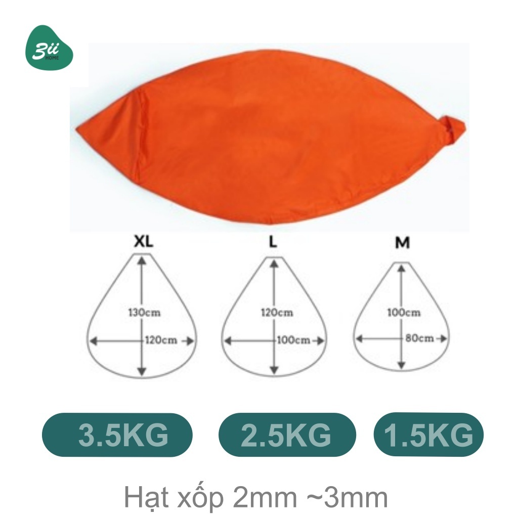Ghế Lười Hạt Xốp 3II HOME Vỏ Ghế Vải Trượt Nước Chống Thấm Dáng Lê Chưa Kèm Hạt Xốp 3 Size XL/ L/ M | BigBuy360 - bigbuy360.vn