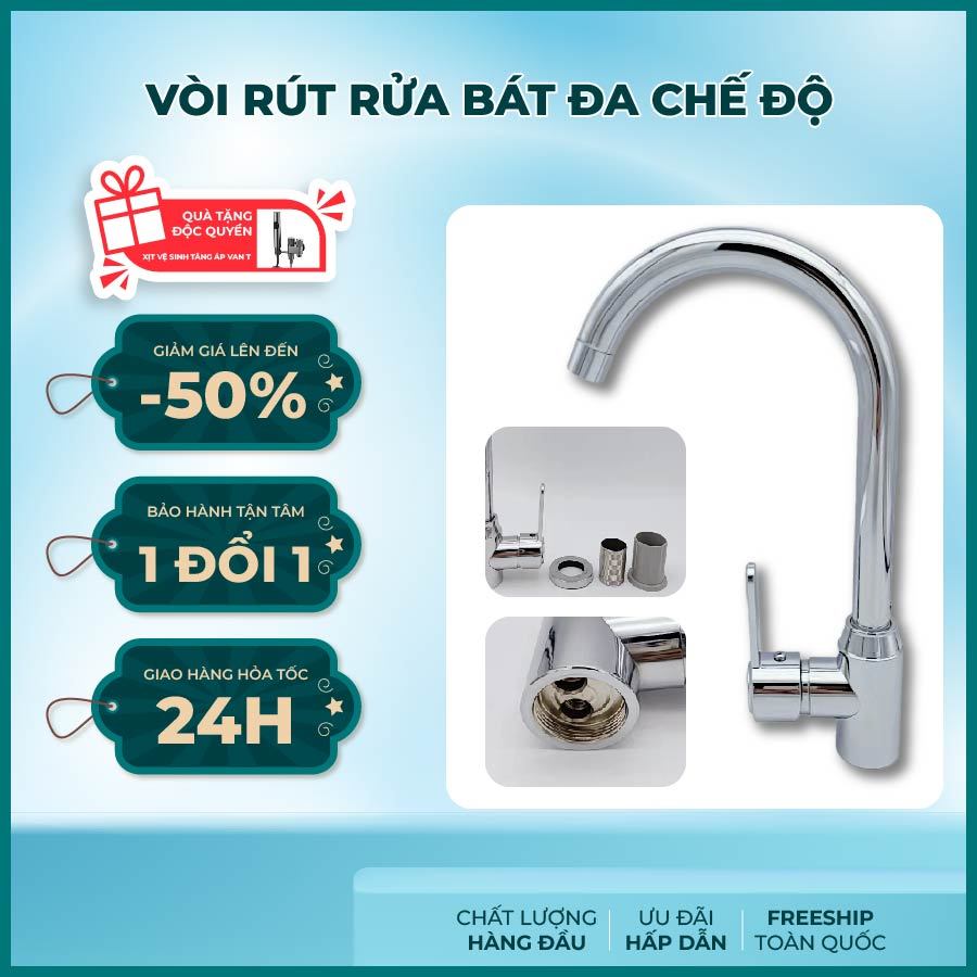 [VRB 7651] Vòi Rửa Bát Nóng Lạnh Cổ Bi Xoay 360 Thân Tròn Mạ Crom Siêu Sáng Bóng