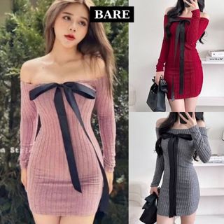 BARE_Đầm len trễ vai tay dài phối nơ ruy băng cá tính vải len mềm ôm dáng tôn đường cong - D031