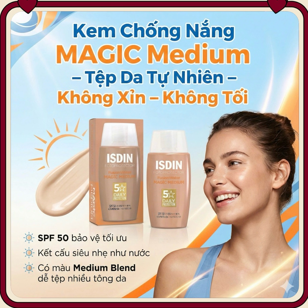Kem Chống Nắng Isdin Fusion Water Magic Medium SPF50 50ml – Chống Nắng Che Khuyết Điểm , Dưỡng Da