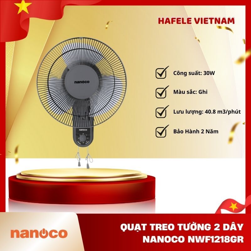 Quạt Treo Tường 2 Dây Nanoco NWF1218GR – Màu ghi sang trọng – Công suất 30W – 3 chế độ gió - FEM