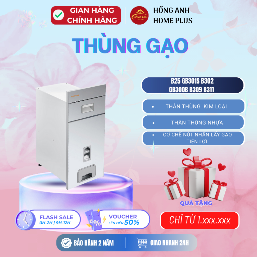 Thùng gạo mặt gương nút nhấn Eurogold GB301S, B302, GB300B, B309, B311, lắp âm tủ bếp dưới