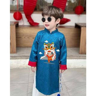   KÈM QUẦN Áo dài cách tân cho bé trai Bộ áo dài bé trai lễ tết in hình chất lụa gấm 2 da cao cấp mềm mại DA11- BIATON 
