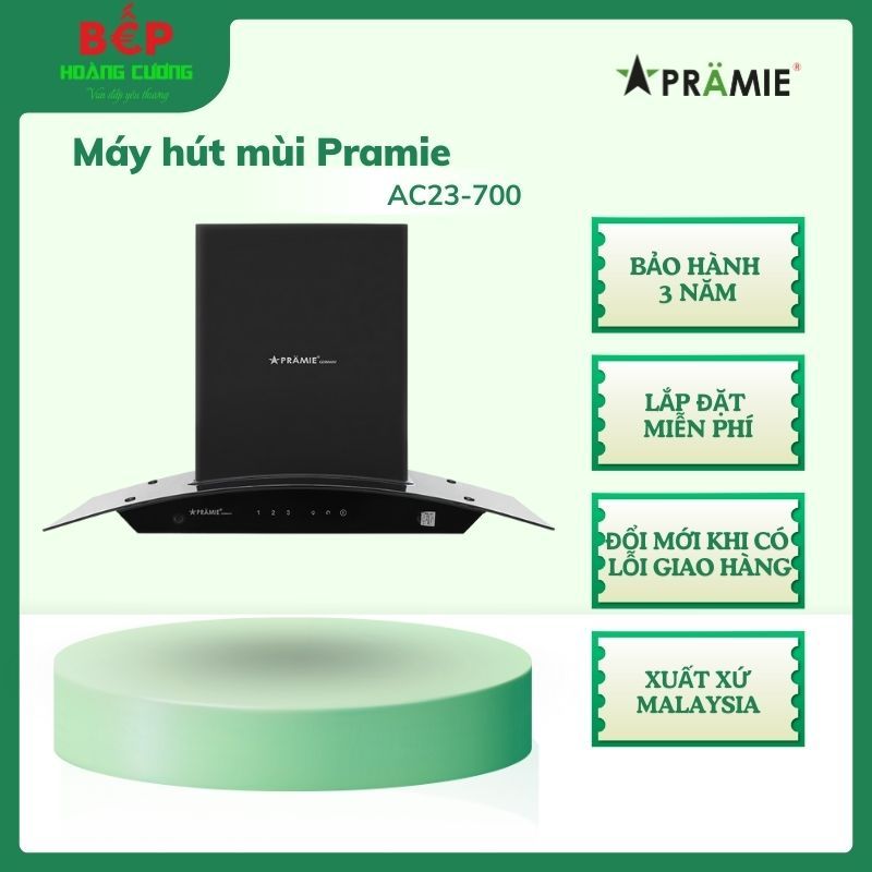 Pramie – Máy hút mùi kính cong AC23-700, chính hãng, 3 tốc độ hút, lưới lọc than hoạt tính
