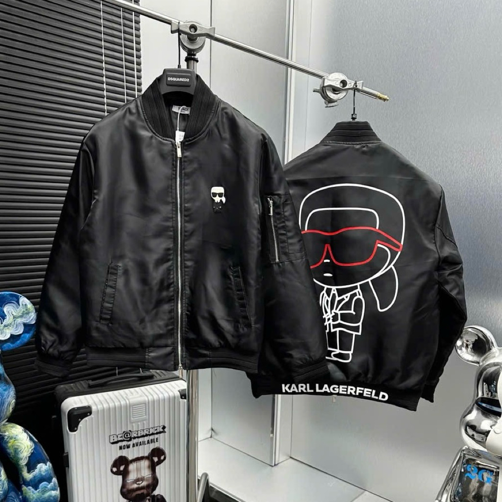 Áo khoác bomber nam nữ Karl ngực lưng đính item vệ sĩ đeo kính gấu dập chữ cao su nổi