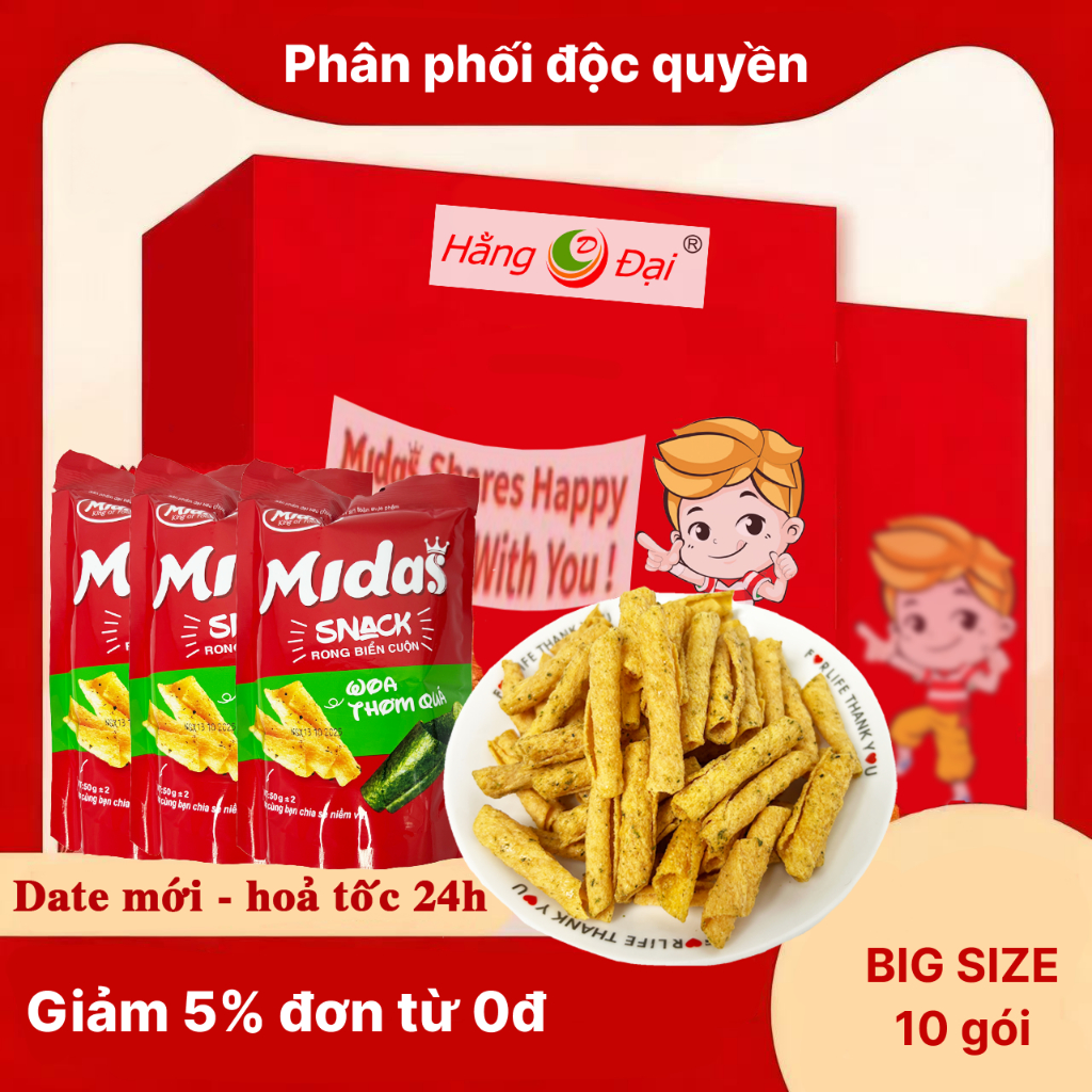 Snack Midas ngũ vị Snack khoai tây lát/ snack cuộn rong biển/ Snack bò nướng BBQ giòn tan