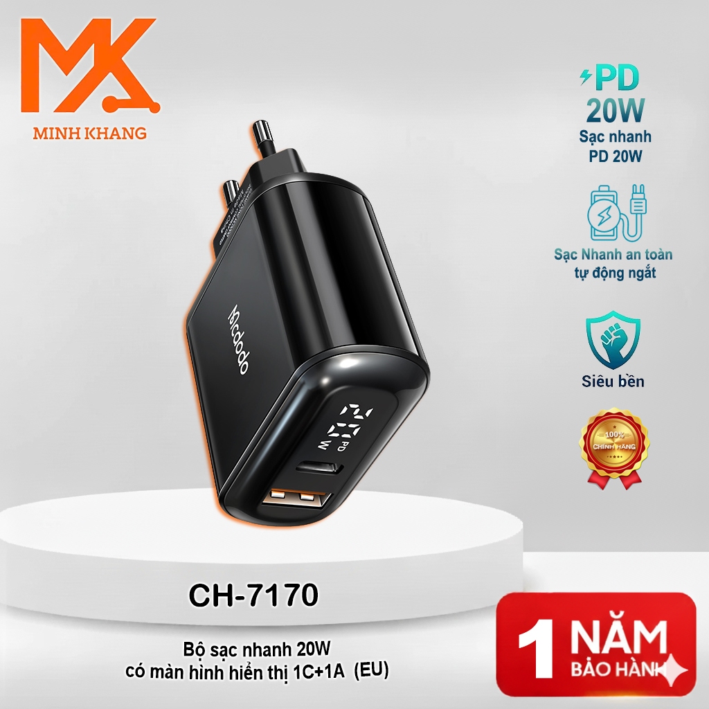 [Mcdodo Chính Hãng] Mcdodo CH-7170 Cốc Sạc Nhanh 20W 1C+1A Có Màn Hình Hiển Thị – Cổng Type-C & USB-