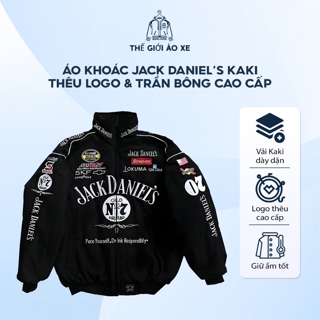 Áo Khoác Jack Daniels – Kaki Dày, Thêu Logo, Trần Bông Ấm – Hàng Có Sẵn
