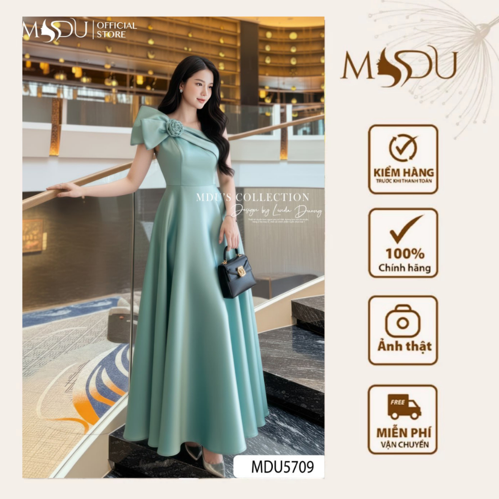 Váy Lụa Twist Satin MDU5709 Thiết Kế Lệch Vai Tạo Khối 3D Với Hoa Bản To Đính Nổi Độc Lạ Từ MDU
