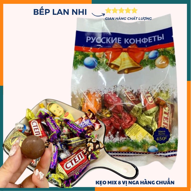   Kẹo tết 2026  Kẹo Socola mix 8 vị Nga gói 450gr - Hương Vị Ngọt Ngào hàng chuẩn Nga 