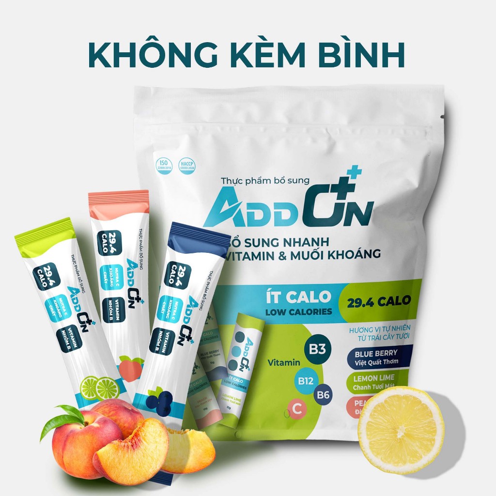 KHÔNG KÈM BÌNH - Bột Điện Giải ADDON Vị Tổng Hợp 29 Calo Bù Muối Khoáng - gói 15 không tặng bình